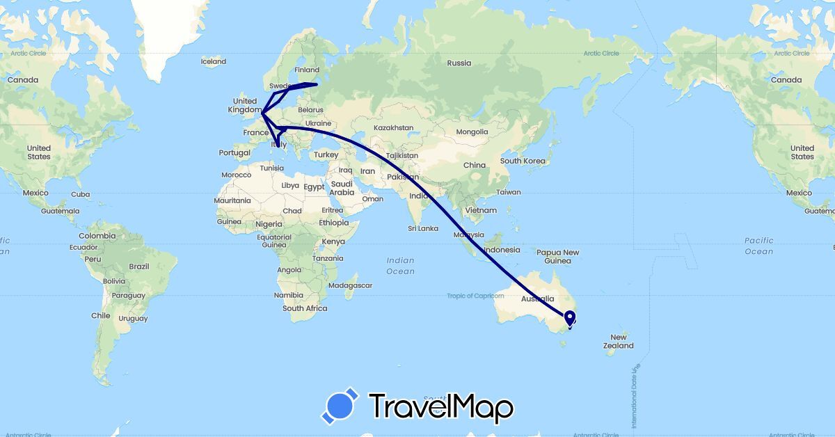 TravelMap itinerary: driving in Austria, Australia, Germany, Denmark, Estonia, Finland, Italy, Netherlands, Russia, Sweden, Singapore (Asia, Europe, Oceania)